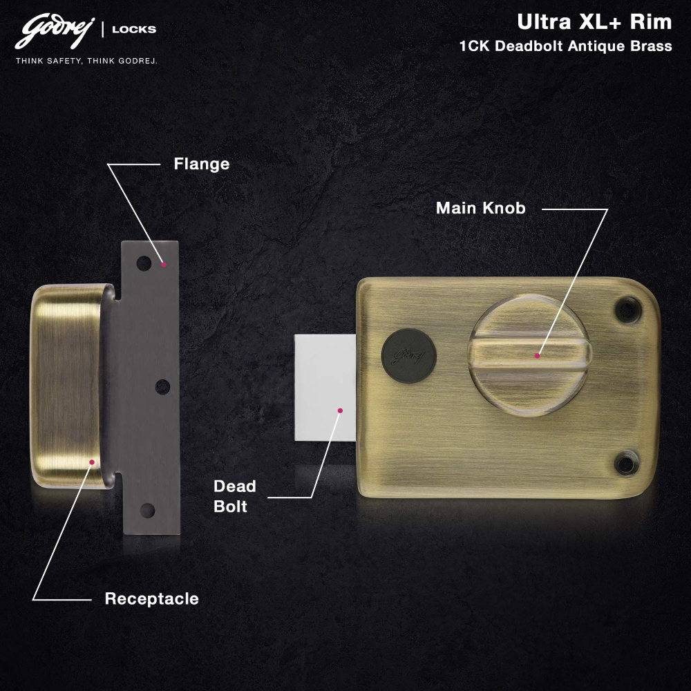 Godrej Rim Lock l 1CK Deadbolt I For Home Main Door I for Outside Opening Main & Safety Door I Left Right Handed Doors I Manual Locking I 4 Keys l Antique Brass Finish l 5 Year Warranty